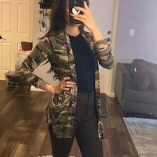 Bobeau Women’s XS Camo Open Front Draped Cardigan Pockets Olive Green picture