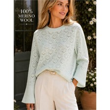 J.Crew 100% Merino Wool Mint Green Pointelle Bell Sleeve Sweater Size S picture