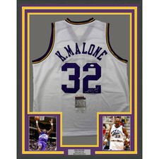 Framed Autographed/Signed Karl Malone 35x39 Utah White Retro Jersey J picture