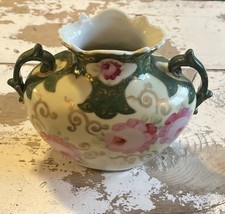 Antique Porcelain Hand Painted Floral Pillow Vase 7.5” Tall 9” Long 4.5” Wide picture