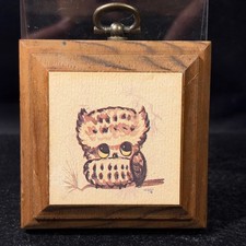 Vintage 1976 Owl Miniature Wood Block Wall Art Print Retro 70s Folk Art Decor picture