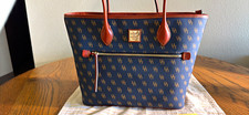 Dooney & Bourke Blue/Brown Monogram Tote Zip Top Outer Pockets Gold Hardware picture