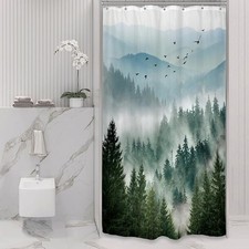 Riyidecor Small Stall Mountain Shower Curtain 36Wx72H Inch Green Rv Single Rusti picture