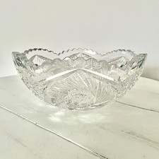 Antique Clear hand Cut Crystal Geometric Round Serving Bowl, 9in Dia x 3.5in H picture