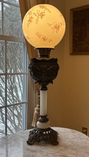 Antique Vict Converted Oil Parlor Lamp Brass Ornate/Detailed Alabaster Stem picture