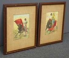 Pair Vintage Spanish Bullfighters Watercolor Signed Paintings Picture by J. Reus picture
