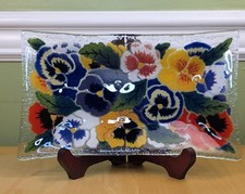 Peggy Karr Art Glass Plate Pansy Floral Fused Glass 12