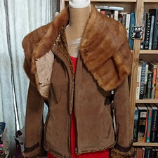 GUESS XL Brown Genuine Leather Jacket with Vintage Mink Stole Fur Collar, Lined picture