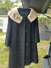 Vintage 1950’s-1960’s Lustrelam Women's Black Mid-Length Overcoat Fur Trim picture