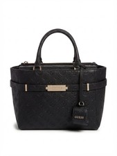 GUESS Black Embossed Logo Satchel Top Handle Zip Faux Leather Handbag Charm picture