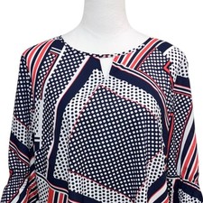 Chicos Top Blouse Womens Large 2 Blue Red Polka Dot 3/4 Bell Sleeve Top picture