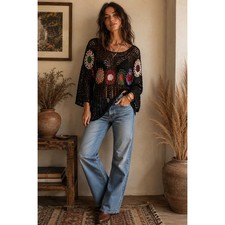India Boutique Crochet Top Black Floral Indie Sleeze Boho Festival Layering O/S picture