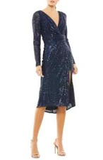 Mac Duggal Midnight Blue Long Sleeve Sequin Faux Wrap Dress Size 14 $358 picture