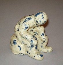 Great Old Vtg 19th C 1930s Pottery Figure of a Seated Man Blue and White Glaze picture