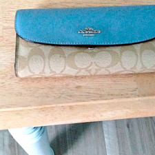 Coach Signature Logo Flap Wallet Blue Beige Women’s Credit Card Wallet picture