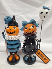 Ghoulish Retro Halloween Pumpkin Head Boy Girl Figurines Set Blue Black New picture