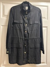 Anne Klein Black Long Sleeve Button-Up Coat with Drawstring Waist Size L picture