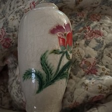 Vintage Mini Crackle Glaze Bud Vase, Vibrant Poppy Pattern, Hand Painted 4'' picture