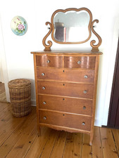 Antique Birdseye Maple Bedroom Tall Dresser Chest HIGHBOY w/ beveled Mirror picture