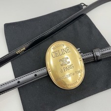 Women's Celin*e 1.3cm/0.51in Black Leather Belt gold retro oval badge buckle picture
