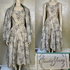 Vintage 1950s Ladies CLAUDIA YOUNG Cat Print White Cotton Dress Matching Belt XS picture