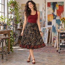 Vintage Y2K Chico’s Sz 3 XL Beaded Midi Skirt Black Brown Red Bohemian Artsy picture
