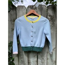BODEN 100% Cashmere Baby Blue Colorblock Cardigan Crewneck Sweater XS picture