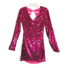 Lulus Hot Pink Sequin Mini Dress Long Sleeve Back Cutout Fuchsia Party Size M picture