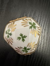 Eximious Limoges France Porcelain Trinket Box Green Gold Floral Hand Decorated picture
