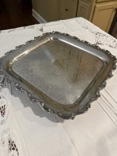 Vintage Heavy Silverplate Footed Serving Tray 15” Square Ornate Engraved 7 Lbs picture