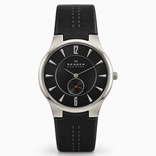 Skagen Grenen Quartz 38mm Black Dial Silver SS Case Black Leather Strap picture