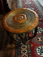 RARE MCM rattan table w geometric design on top. EXCELLENT  original condition picture