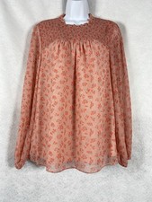 Boden Janie Ditsy Top Womens 12 Pink Coral Smocked Floral Long Sleeves Coquette picture