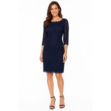 Adrianna Papell Evening Petite Navy Blue 3/4 Sleeve Lace Semi-Formal Dress EUC picture
