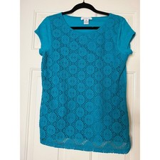 Liz Claiborne Turquoise Blue Crochet Lace Front Top Short Sleeve Slub Knit M picture