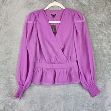 Express Blouse Womens S Purple V Neck Long Balloon Sleeve Ruffle Peplum Chiffon picture
