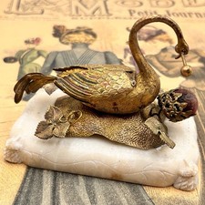 19th Century French Palais Royal Ormolu swan sewing thimble holder pin cushion picture