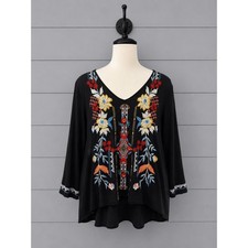 Caite Embroidered Top Black Floral Boho V-Neck 3/4 Sleeve Cotton Size Lartge picture