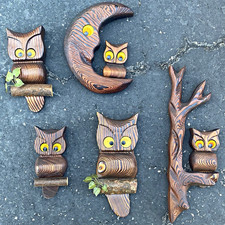 MCM Vintage Hand-Carved Owl Wood Wall Plaque Set, Moon & Tree cedar wood 1970’s picture