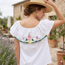 Vintage Hand Embroidered Cotton Blouse Reversible Off Shoulder OOAK Boho Top S picture