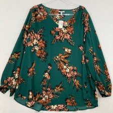 New Maurices size 2X Green Brown Floral V Neck Long Sleeve Relaxed Blouse picture