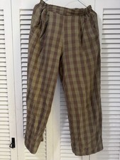 Liz Alig Designer Handwoven Cotton Plaid Pants Womens Large Brown Olive Wide Leg picture