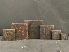 OLD VINTAGE RARE SQUARE SHAPE IRON MERCANTILE 6 PC WEIGHT MEASUREMENT SEER SCALE picture