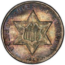 1859-P PCGS Genuine AU 3 Cent Silver | Rainbow Toning | 40th Anniversary Label picture