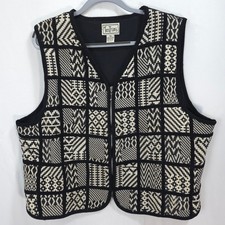 Vintage 90s TanTrums Tapestry Vest Women 3X Black Cream Geometric Cotton Zip picture