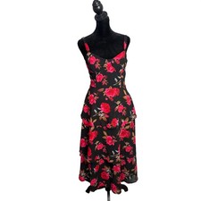 Whimsigoth Rose Print Tiered Dress Black Red Size M Smocked Gothic Romantic NEW picture