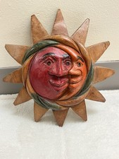 Vtg Hand-Carved Wooden Celestial Sun & Moon Wall Hanging Bust Plaque Sculpture picture