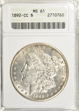 1892-CC MORGAN DOLLAR ~ UPGRADE? NICE WHITE OLD HOLDER ANACS MS61 picture