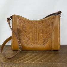 Frye Melissa Artisan Adjustable Crossbody Bag Floral Tooled Genuine Leather Tan picture