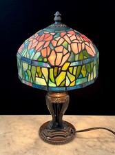 Vintage Tiffany-Style Stained Glass Floral Roses Table Lamp 14